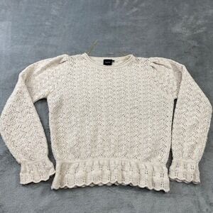 Cliche Sweater Womens Large Lace Knit Puff Sleeve‎ Peplum Beige Soft Boho